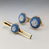 British Wedgwood cufflinks and tie clip with blue jasper sailing ship round cameo and gold-colored base case
