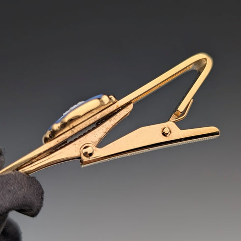 British Wedgwood cufflinks and tie clip with blue jasper sailing ship round cameo and gold-colored base case