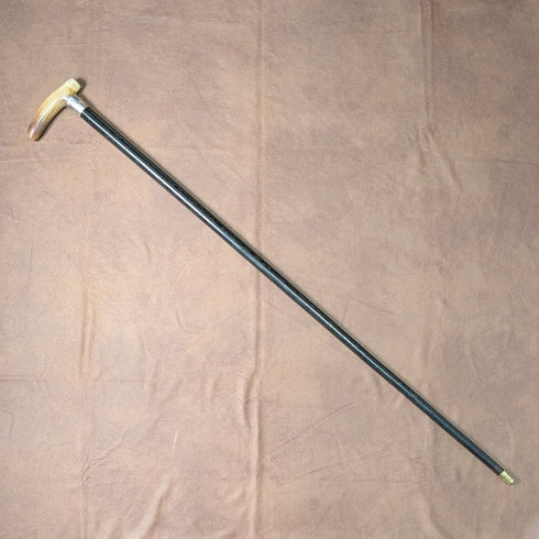 1904 British Antique Black Shaft Horn Clutch Handle Sterling Silver Decorated Walking Stick 90cm