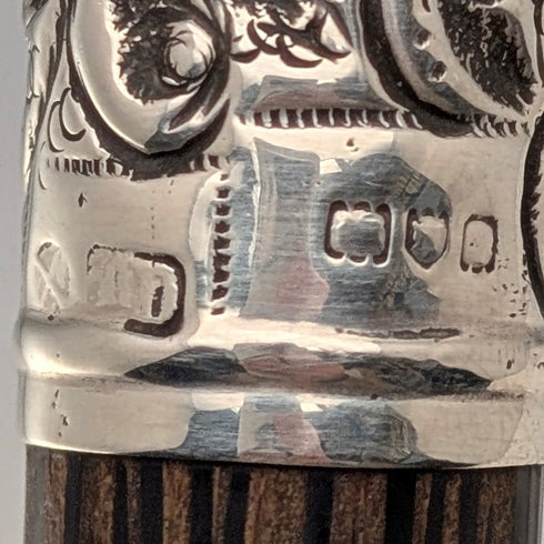 Antique British black shaft engraved sterling silver walking stick with rondelle handle, 86cm