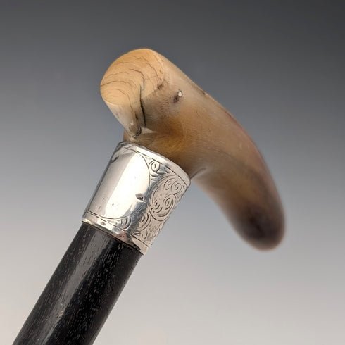 1904 British Antique Black Shaft Horn Clutch Handle Sterling Silver Decorated Walking Stick 90cm