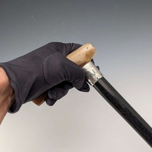 1904 British Antique Black Shaft Horn Clutch Handle Sterling Silver Decorated Walking Stick 90cm