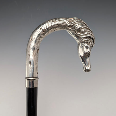 Italian Vintage Black Shaft Sterling Silver Horsehead Handle Walking Stick, 82cm