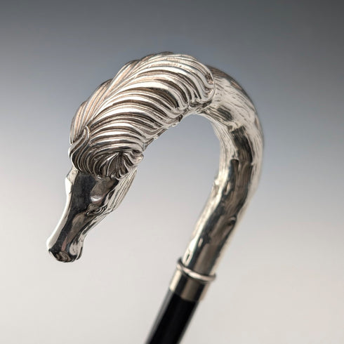 Italian Vintage Black Shaft Sterling Silver Horsehead Handle Walking Stick, 82cm