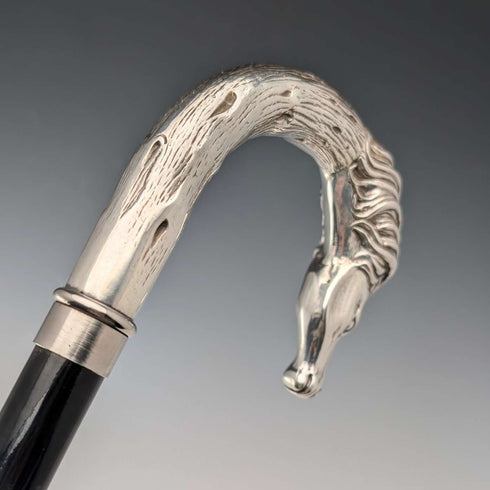 Italian Vintage Black Shaft Sterling Silver Horsehead Handle Walking Stick, 82cm