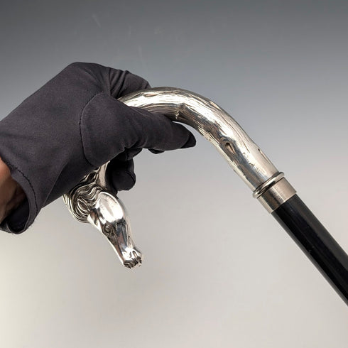 Italian Vintage Black Shaft Sterling Silver Horsehead Handle Walking Stick, 82cm