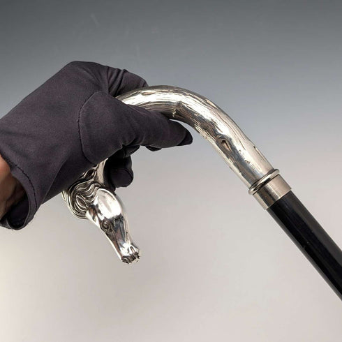 Italian Vintage Black Shaft Sterling Silver Horsehead Handle Walking Stick, 82cm