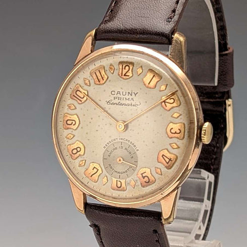 1950s Swiss Cauny men's wristwatch, 15 jewels, gold-plated case, in good working order