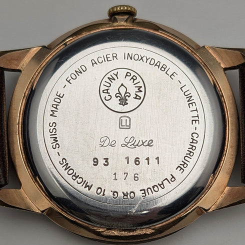 1950s Swiss Cauny men's wristwatch, 15 jewels, gold-plated case, in good working order