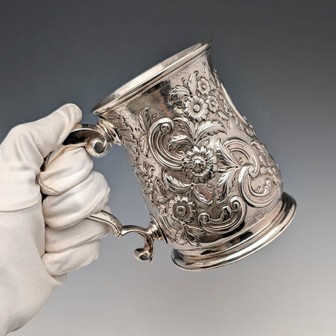 1736 Georgian Sterling Silver Large Mug with Relief, 356g, by Richard Bayley