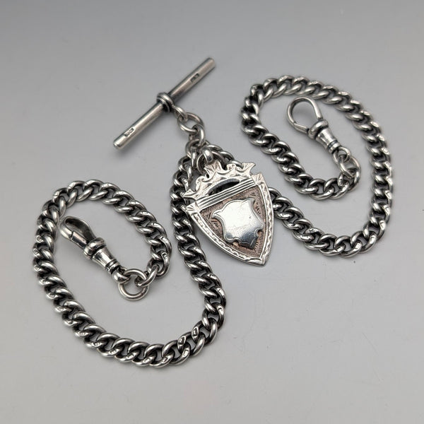 Antique British Sterling Silver Double Albert Chain, 43g, Sterling Silver Medal Fob