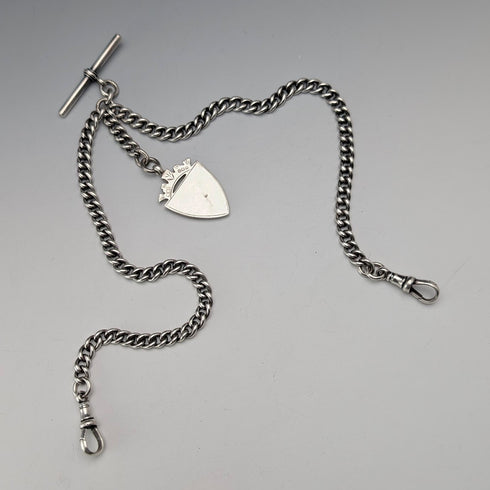 英国アンティーク 純銀製 ダブルアルバートチェーン 43g 純銀メダルフォブ