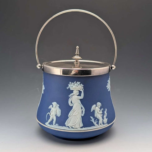 Antique British Wedgwood Biscuit Barrel Jasperware Royal Blue
