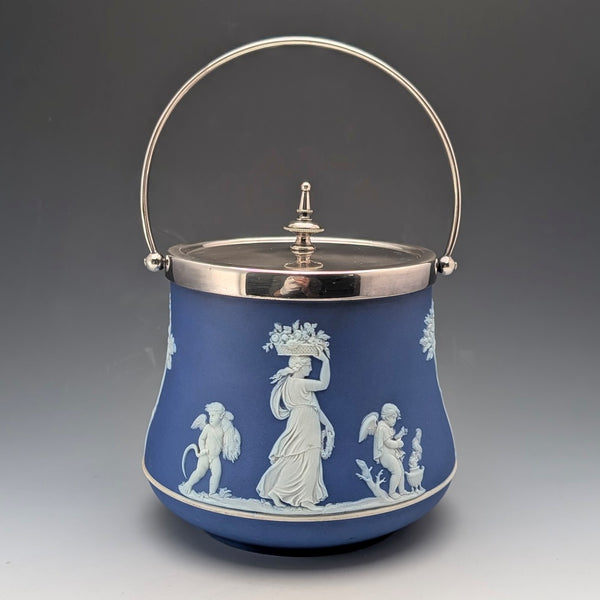 Antique British Wedgwood Biscuit Barrel Jasperware Royal Blue