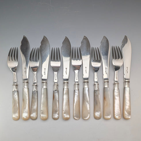 6-Pair British Antique Mother-of-Pearl Dessert Cutlery, Circa 1924, Barker Bros