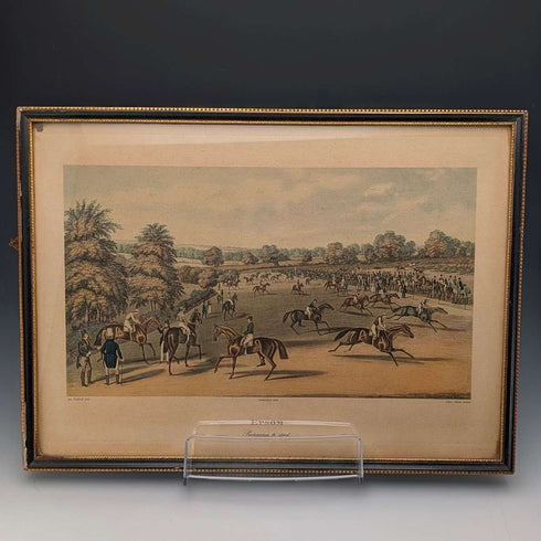 British Antique Framed Print of Racehorse James Pollard "EPSOM Preparing to Start"