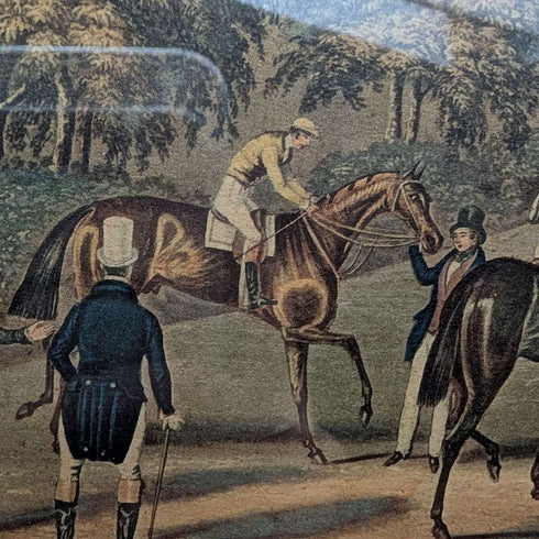British Antique Framed Print of Racehorse James Pollard "EPSOM Preparing to Start"
