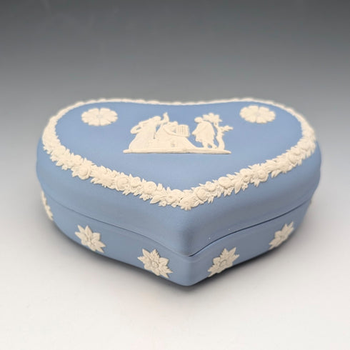 Vintage British Wedgwood Jasperware Heart-Shaped Trinket Box, Pale Blue, with Box and Instructions