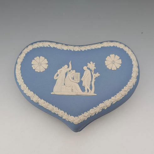 Vintage British Wedgwood Jasperware Heart-Shaped Trinket Box, Pale Blue, with Box and Instructions