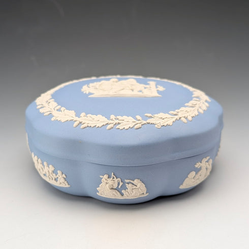 Vintage British Wedgwood Jasperware Round Lidded Box in Pale Blue with Box and Instructions