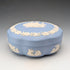 Vintage British Wedgwood Jasperware Round Lidded Box in Pale Blue with Box and Instructions