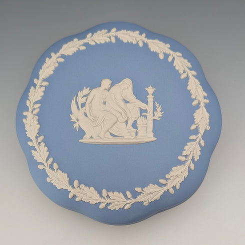Vintage British Wedgwood Jasperware Round Lidded Box in Pale Blue with Box and Instructions