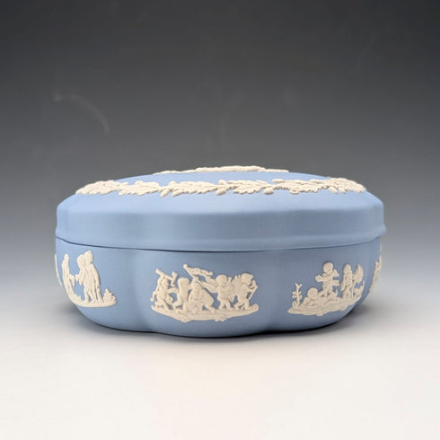 Vintage British Wedgwood Jasperware Round Lidded Box in Pale Blue with Box and Instructions