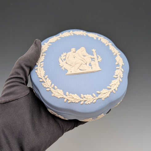 Vintage British Wedgwood Jasperware Round Lidded Box in Pale Blue with Box and Instructions