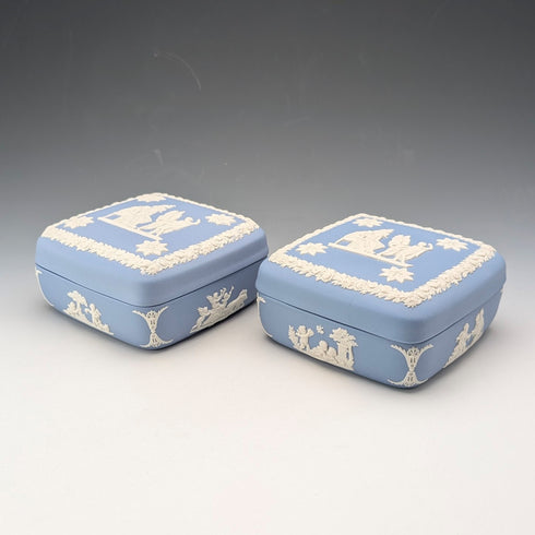 Vintage British Wedgwood Jasperware Square Lidded Boxes, Pair, Pale Blue