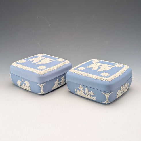 Vintage British Wedgwood Jasperware Square Lidded Boxes, Pair, Pale Blue