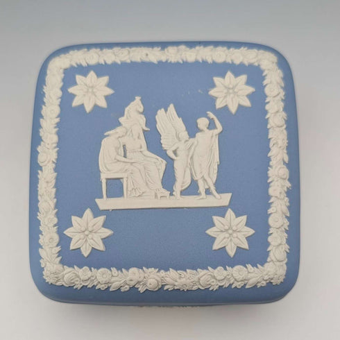 Vintage British Wedgwood Jasperware Square Lidded Boxes, Pair, Pale Blue