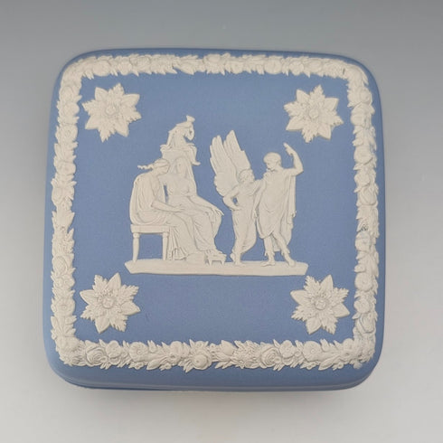 Vintage British Wedgwood Jasperware Square Lidded Boxes, Pair, Pale Blue