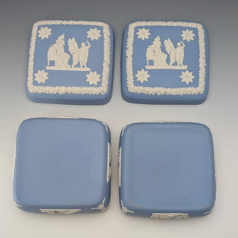 Vintage British Wedgwood Jasperware Square Lidded Boxes, Pair, Pale Blue