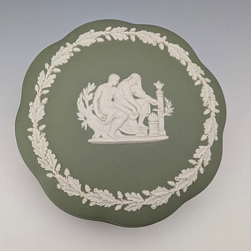 Vintage British Wedgwood Jasperware Round Lidded Boxes, Pair, Sage Green