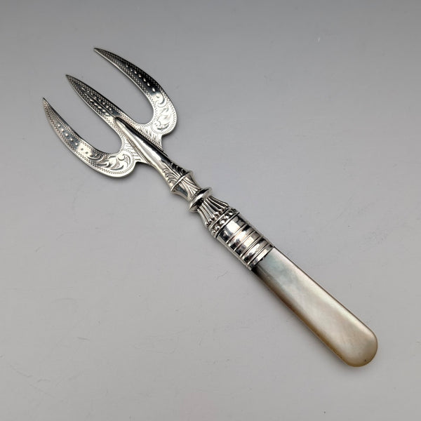 1915年英國古董小叉,珍珠母貝手柄,純銀叉刃,AJ Bailey