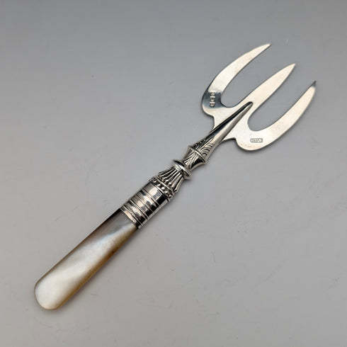 1915年英國古董小叉,珍珠母貝手柄,純銀叉刃,AJ Bailey