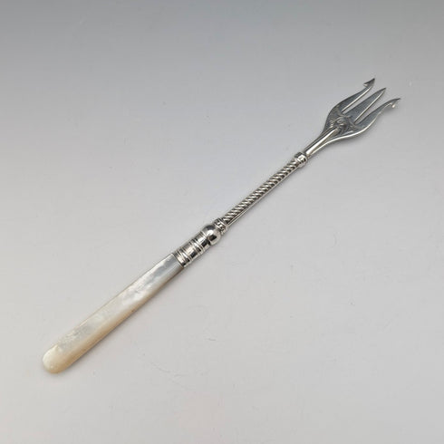 1900年英國古董小叉,珍珠母貝手柄,純銀叉刃,威廉‧德文波特