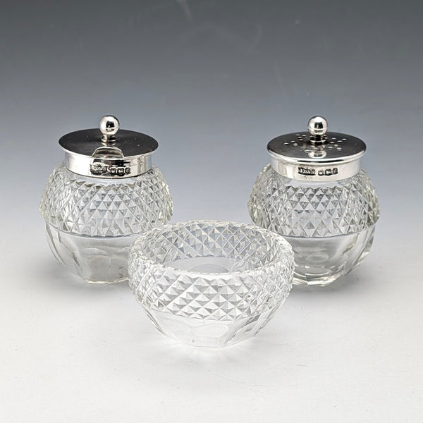 1924 British Antique Sterling Silver and Cut Glass Condiment Set by James Dixon & Sons