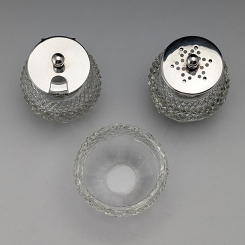 1924年 英国アンティーク 純銀&カットガラス 調味料入れセット James Dixon&Sons