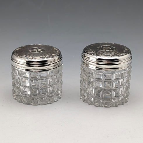 1898 British Antique Silver Lid Mini Cut Glass Jar Pair, Hilliard & Thomason