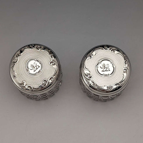 1898 British Antique Silver Lid Mini Cut Glass Jar Pair, Hilliard & Thomason