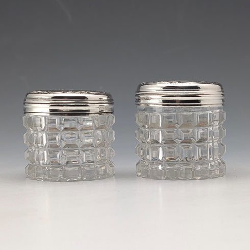 1898 British Antique Silver Lid Mini Cut Glass Jar Pair, Hilliard & Thomason