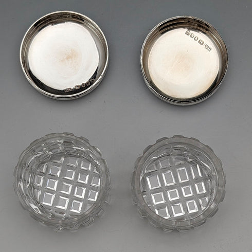 1898 British Antique Silver Lid Mini Cut Glass Jar Pair, Hilliard & Thomason
