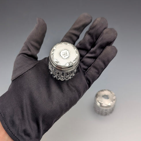 1898 British Antique Silver Lid Mini Cut Glass Jar Pair, Hilliard & Thomason