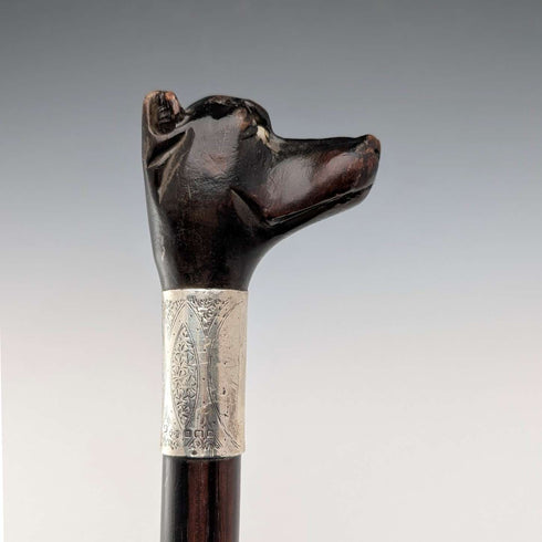 1935 British Vintage Brown Shaft Dog Head Handle Sterling Silver Cane 86cm Jonathan Howell