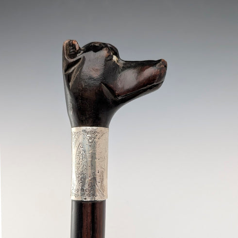 1935年 英国ヴィンテージ ブラウンシャフト ドッグヘッドハンドル 純銀装飾 杖 86cm Jonathan Howell