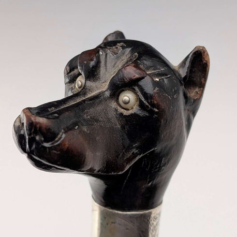 1935 British Vintage Brown Shaft Dog Head Handle Sterling Silver Cane 86cm Jonathan Howell