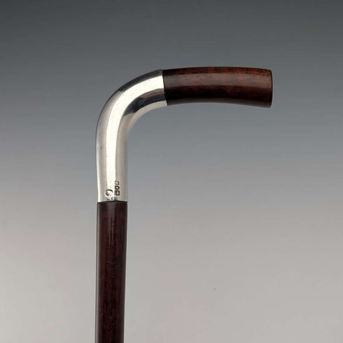 Circa 1900 British Antique Brown Handle L-Handle Sterling Silver Decorated Walking Stick, 92cm, by Julius Klinkhardt