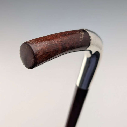 Circa 1900 British Antique Brown Handle L-Handle Sterling Silver Decorated Walking Stick, 92cm, by Julius Klinkhardt