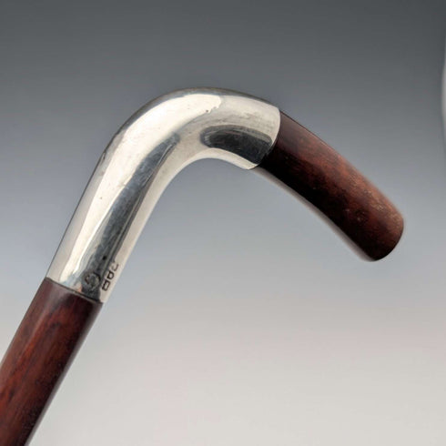 Circa 1900 British Antique Brown Handle L-Handle Sterling Silver Decorated Walking Stick, 92cm, by Julius Klinkhardt